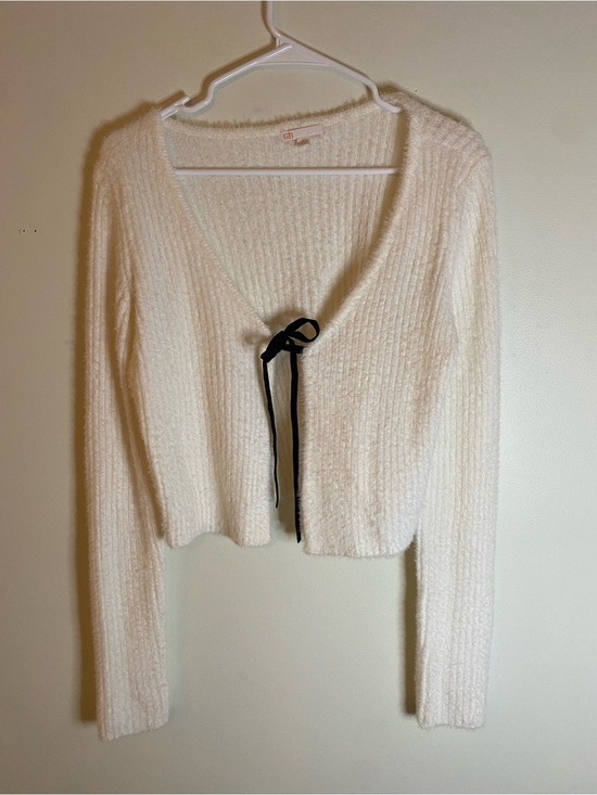 Gianni Bini Sweaters - Gianni Bini Cream Knit Tie-Front Cardigan with Black Ribbon